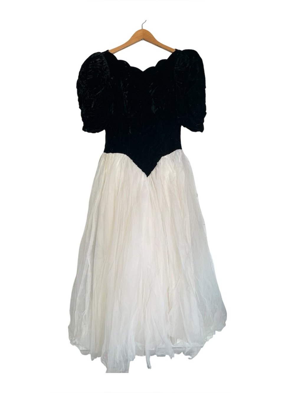 Vtg 1980s Black Velvet Tulle Retro Party Dress Puff Sleeve Prom Formal Size 10
